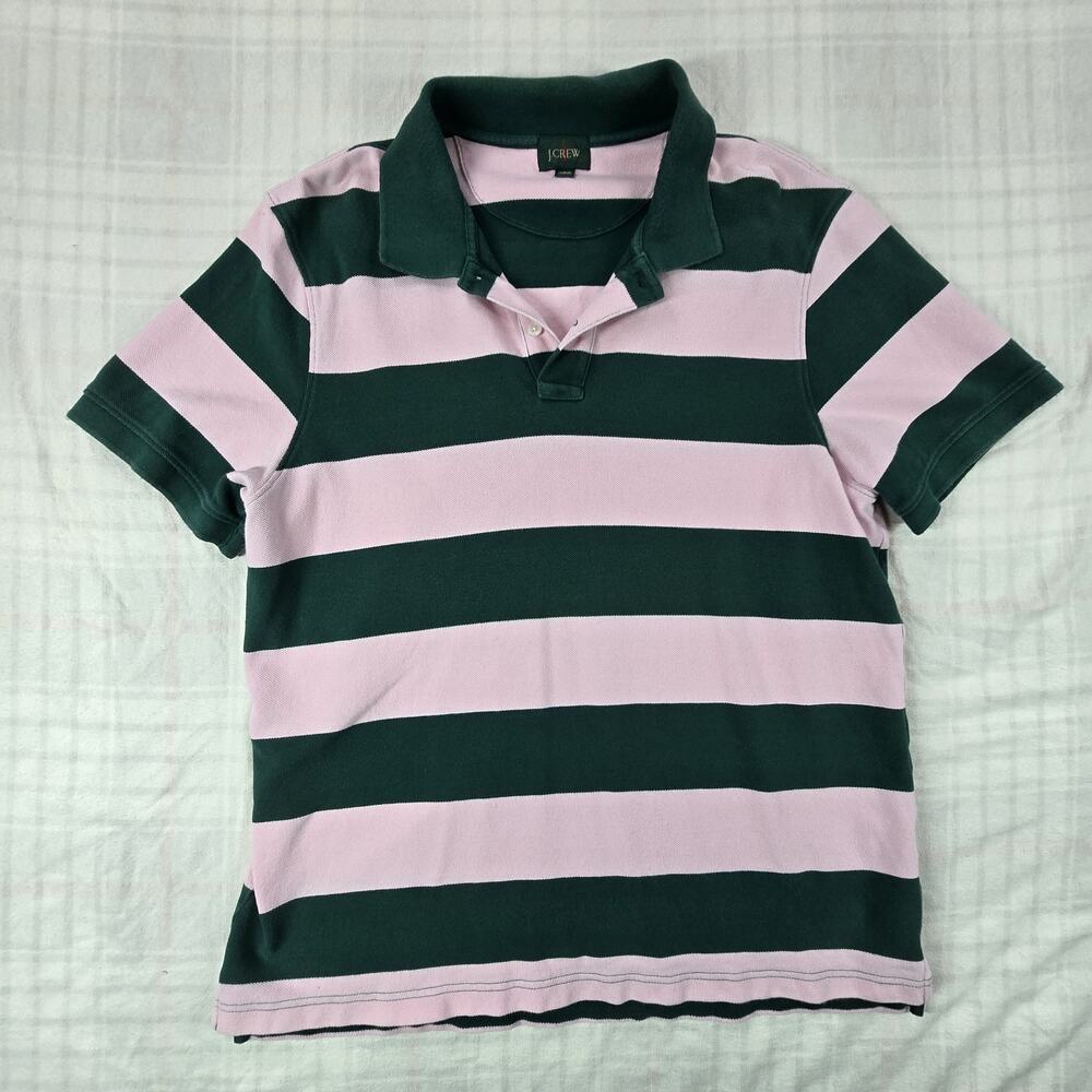 J Crew Oarsman Mens Pique Polo Shirt Rugby Stripe Preppy Pink Green L